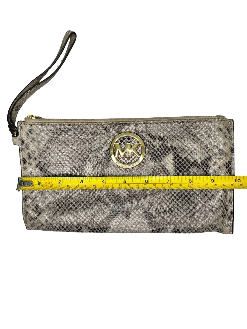 Michael Kors Snakeskin Python Embossed Leather Wristlet Clutch Gold Logo